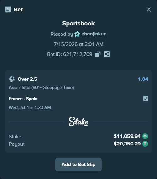 Bet slip: France - Spain, $11,071.00 stake at 1.84 odds, placed by zhanjinkun