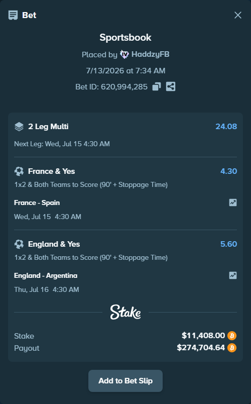 Bet slip: France - Spain, $11,484.10 stake at 4.30 odds, placed by HaddzyFB