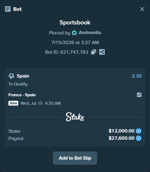Bet slip: France - Spain, $12,000.00 stake at 2.30 odds, placed by Andremila