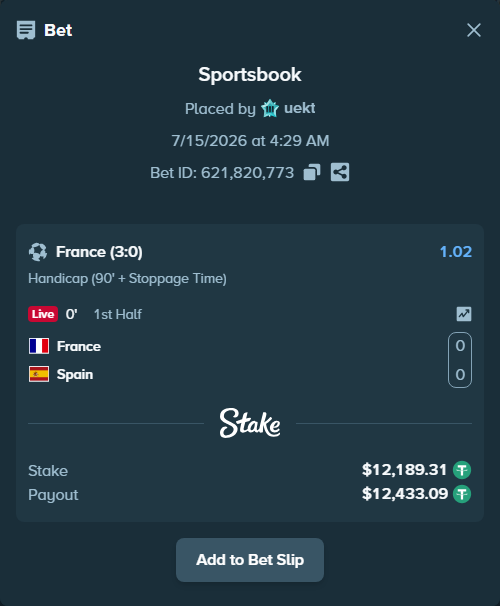 Bet slip: France - Spain, $12,201.49 stake at 1.02 odds, placed by uekt