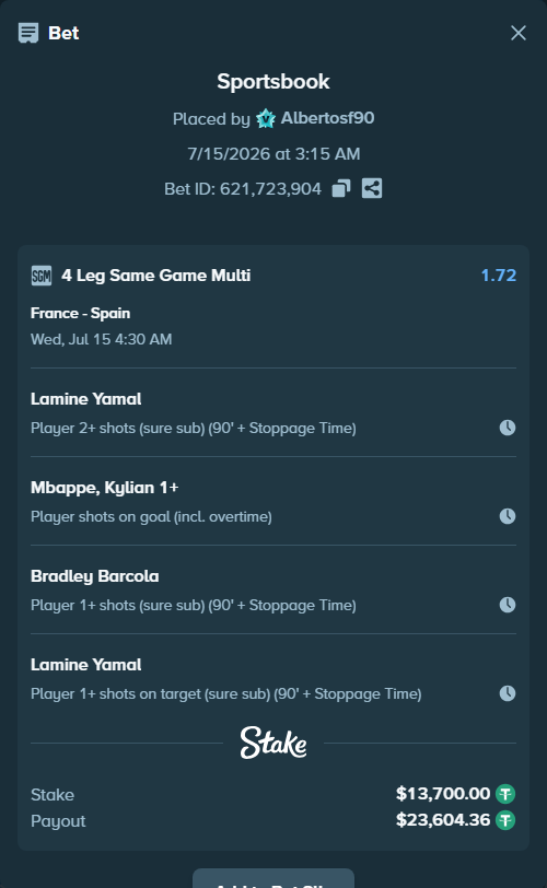 Bet slip: France - Spain, $13,700.00 stake at 1.07 odds, placed by Albertosf90