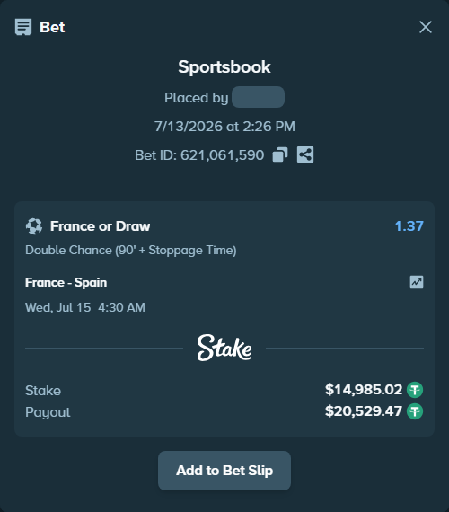 Bet slip: France - Spain, $15,000.00 stake at 1.37 odds, placed by Haliasovskyi