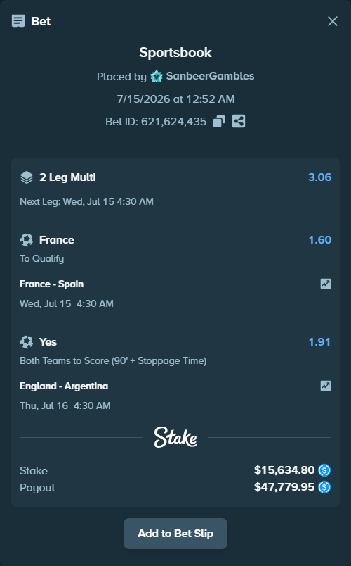 Bet slip: France - Spain, $15,634.80 stake at 1.60 odds, placed by SanbeerGambles