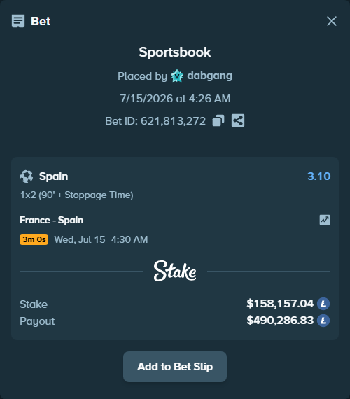 Bet slip: France - Spain, $160,837.37 stake at 3.10 odds, placed by dabgang