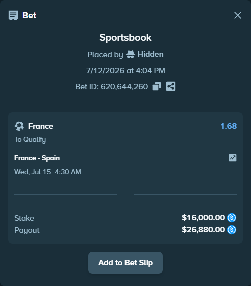 Bet slip: France - Spain, $16,000.00 stake at 1.68 odds, placed by siqum80