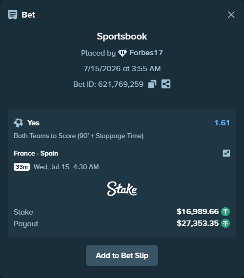 Bet slip: France - Spain, $17,006.65 stake at 1.61 odds, placed by Forbes17