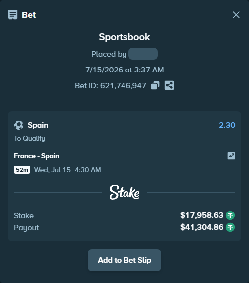 Bet slip: France - Spain, $17,976.59 stake at 2.30 odds, placed by mi6a1