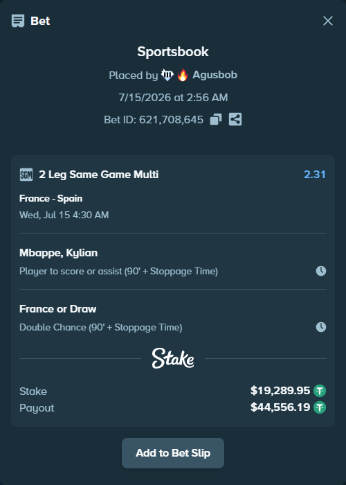 Bet slip: France - Spain, $19,309.24 stake at 1.59 odds, placed by Agusbob