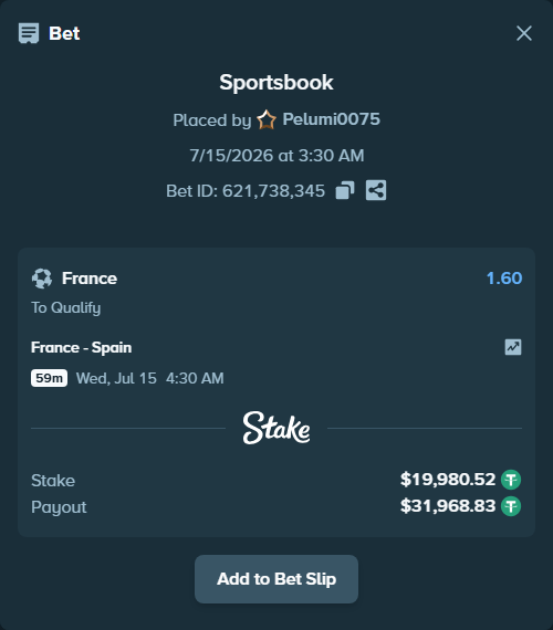 Bet slip: France - Spain, $20,000.50 stake at 1.60 odds, placed by Pelumi0075