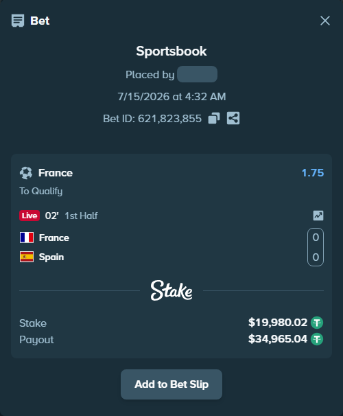 Bet slip: France - Spain, $20,000.00 stake at 1.75 odds, placed by Valttttt