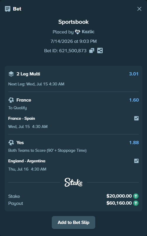 Bet slip: France - Spain, $20,020.00 stake at 1.60 odds, placed by Kazlic