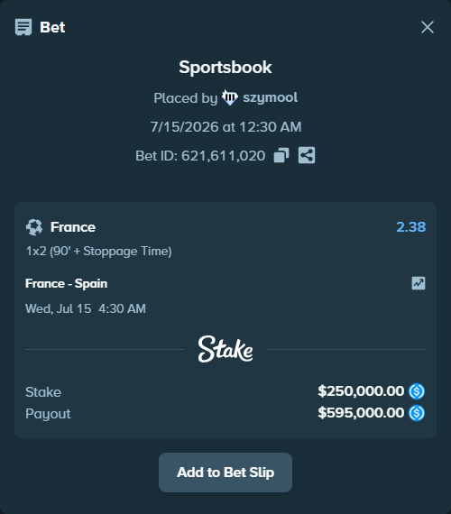 Bet slip: France - Spain, $250,000.00 stake at 2.38 odds, placed by szymool
