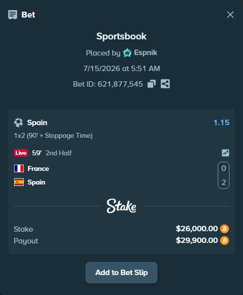 Bet slip: France - Spain, $25,956.02 stake at 1.15 odds, placed by Espnik