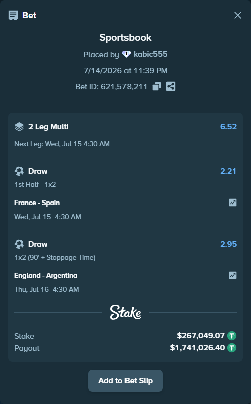 Bet slip: France - Spain, $267,316.12 stake at 2.21 odds, placed by kabic555