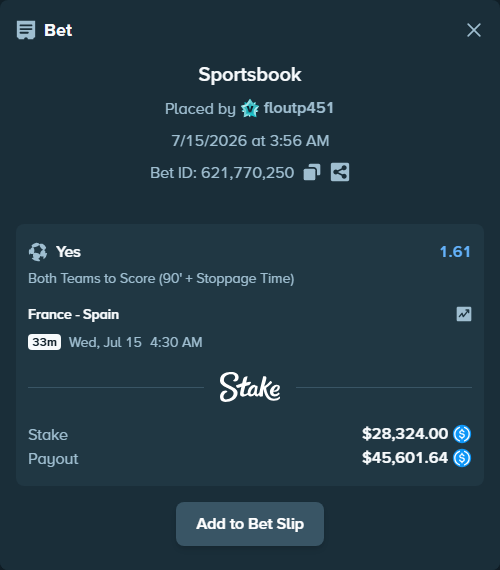 Bet slip: France - Spain, $28,324.00 stake at 1.61 odds, placed by floutp451