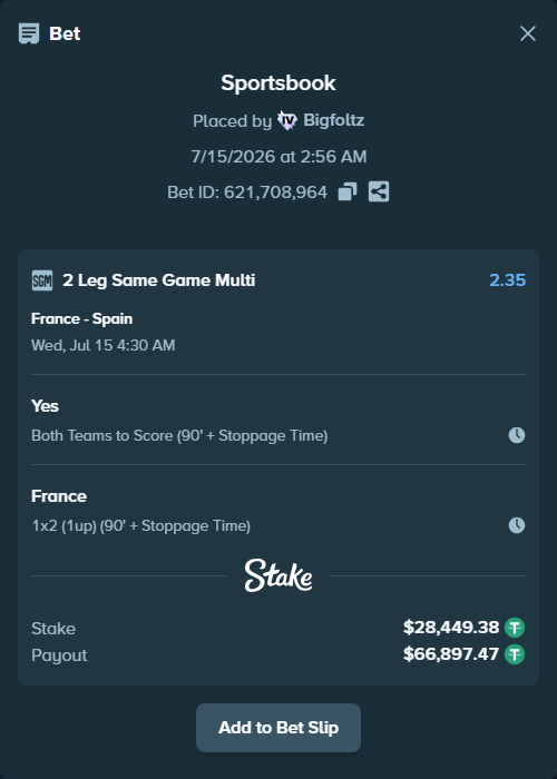 Bet slip: France - Spain, $28,477.83 stake at 1.64 odds, placed by Bigfoltz