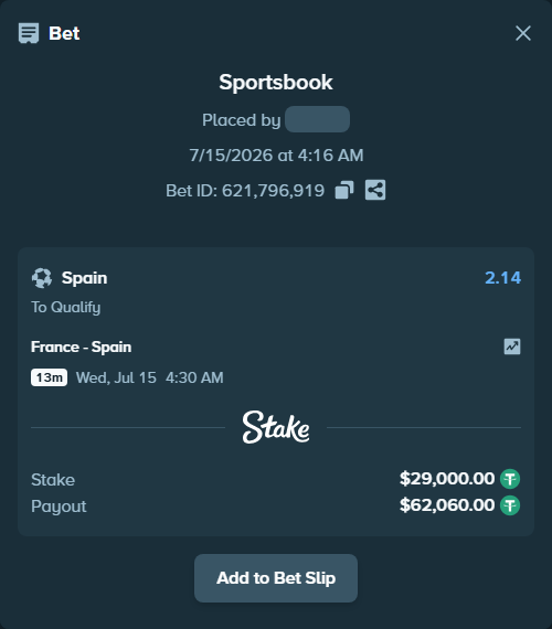 Bet slip: France - Spain, $29,029.00 stake at 2.14 odds, placed by Rosspicks