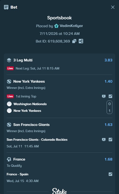 Bet slip: France - Spain, $30,000.00 stake at 1.68 odds, placed by VadimKotlyar