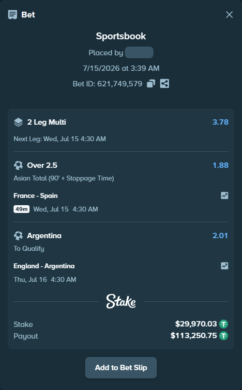Bet slip: France - Spain, $30,000.00 stake at 1.88 odds, placed by Bludnya