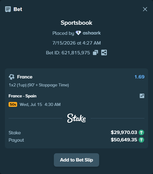 Bet slip: France - Spain, $30,000.00 stake at 1.69 odds, placed by ashaark