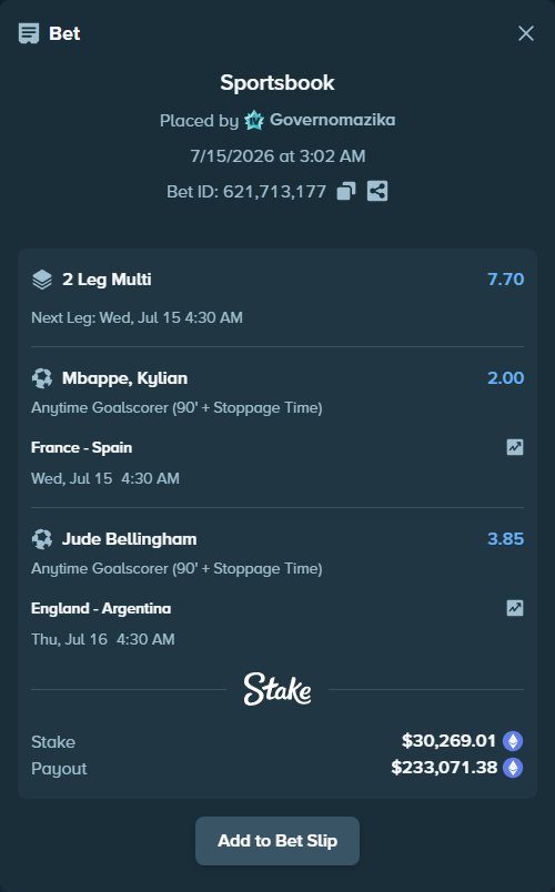 Bet slip: France - Spain, $30,906.67 stake at 2.00 odds, placed by Governomazika