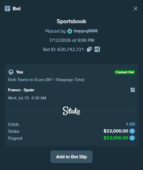 Bet slip: France - Spain, $33,000.00 stake at 1.70 odds, placed by bappuji668