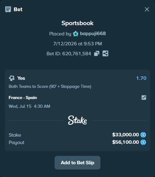 Bet slip: France - Spain, $33,000.00 stake at 1.70 odds, placed by bappuji668