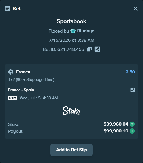 Bet slip: France - Spain, $40,000.00 stake at 2.50 odds, placed by Bludnya