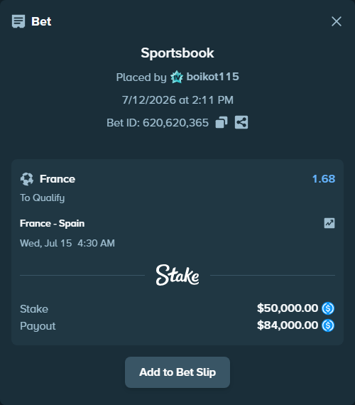 Bet slip: France - Spain, $50,000.00 stake at 1.68 odds, placed by boikot115