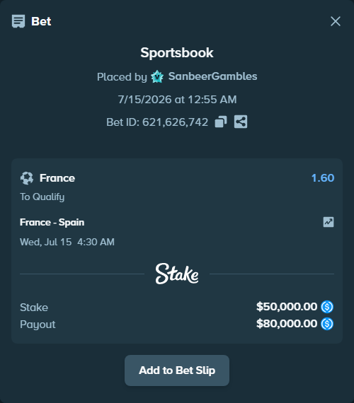 Bet slip: France - Spain, $50,000.00 stake at 1.60 odds, placed by SanbeerGambles