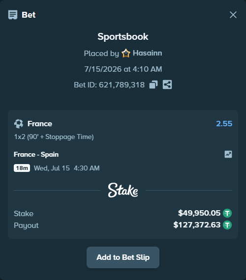 Bet slip: France - Spain, $50,000.00 stake at 2.55 odds, placed by Hasainn