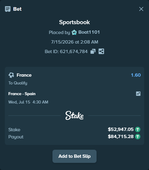 Bet slip: France - Spain, $53,000.00 stake at 1.60 odds, placed by Boat1101