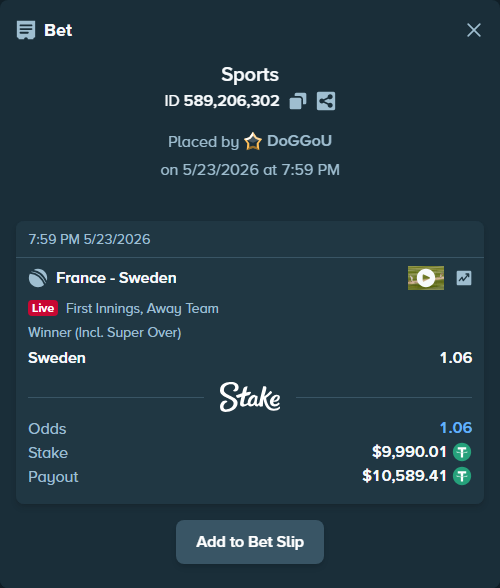 Bet slip: France - Sweden, $10,000.00 stake at 1.06 odds, placed by DoGGoU