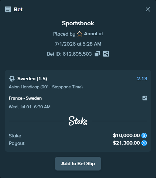 Bet slip: France - Sweden, $10,000.00 stake at 2.13 odds, placed by AnnaLut