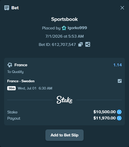 Bet slip: France - Sweden, $10,500.00 stake at 1.14 odds, placed by Igorko999