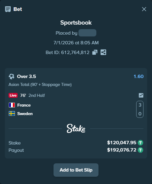 Bet slip: France - Sweden, $120,168.00 stake at 1.60 odds, placed by codg