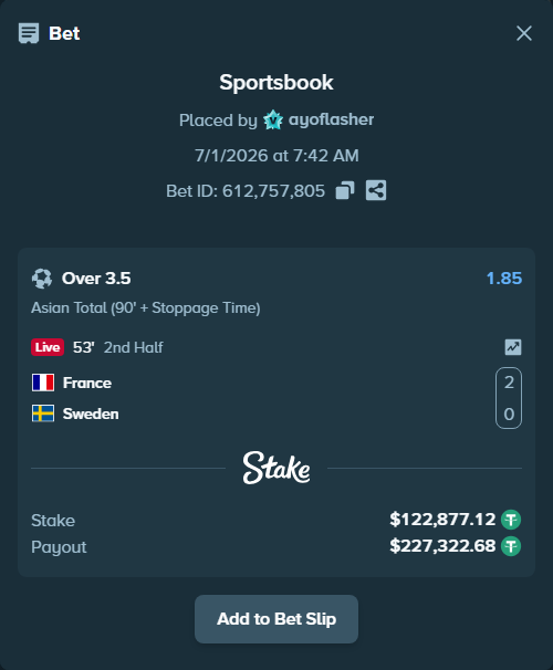 Bet slip: France - Sweden, $123,000.00 stake at 1.85 odds, placed by ayoflasher