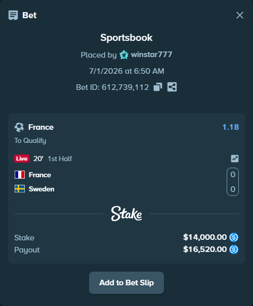 Bet slip: France - Sweden, $14,000.00 stake at 1.18 odds, placed by winstar777