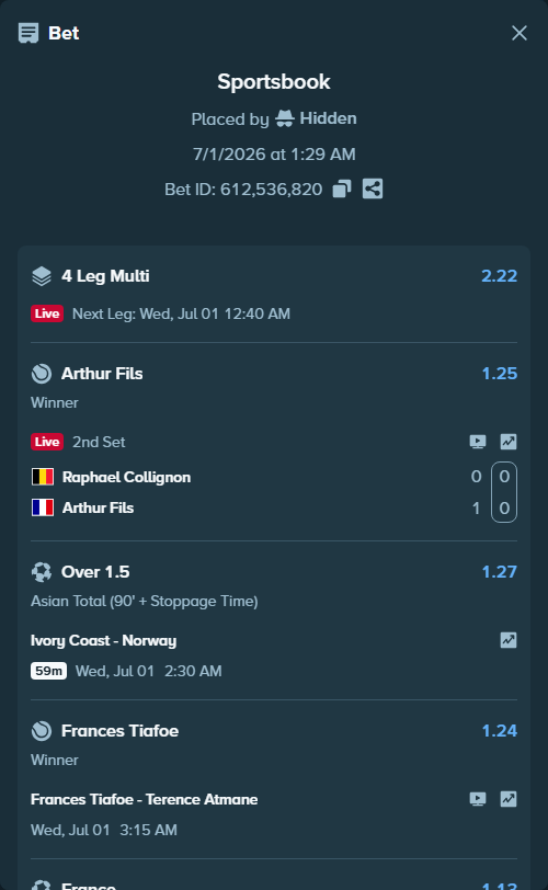 Bet slip: France - Sweden, $14,060.00 stake at 1.13 odds, placed by Hidden