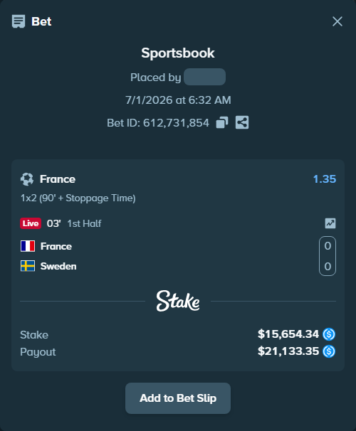 Bet slip: France - Sweden, $15,654.34 stake at 1.35 odds, placed by Vicceforb
