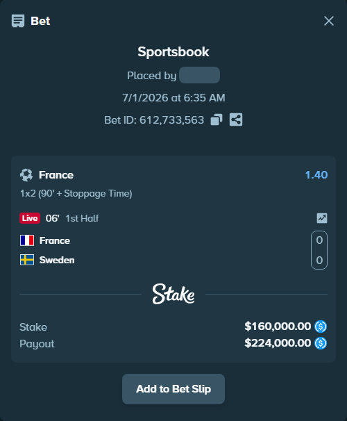 Bet slip: France - Sweden, $160,000.00 stake at 1.40 odds, placed by scrubbylolol