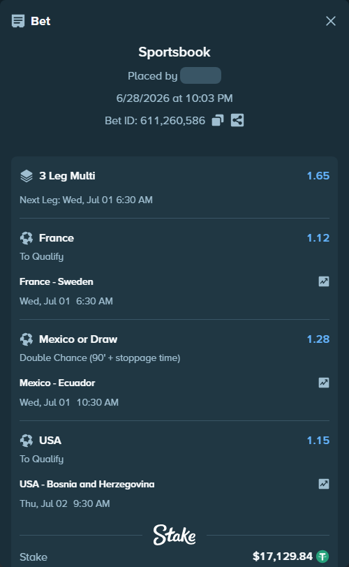 Bet slip: France - Sweden, $17,146.97 stake at 1.12 odds, placed by mrkang888