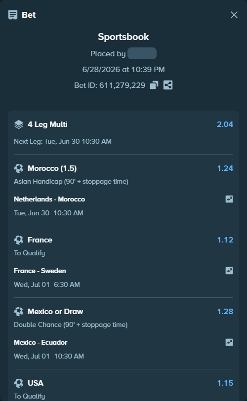 Bet slip: France - Sweden, $17,146.97 stake at 1.12 odds, placed by mrkang888