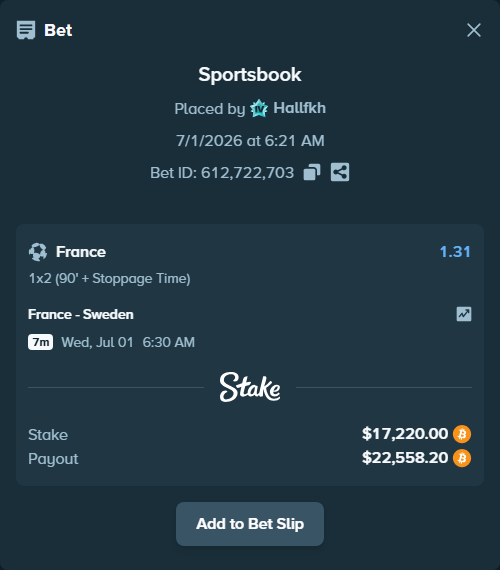Bet slip: France - Sweden, $18,896.67 stake at 1.31 odds, placed by Hallfkh