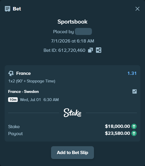 Bet slip: France - Sweden, $18,018.00 stake at 1.31 odds, placed by mathiasjuel