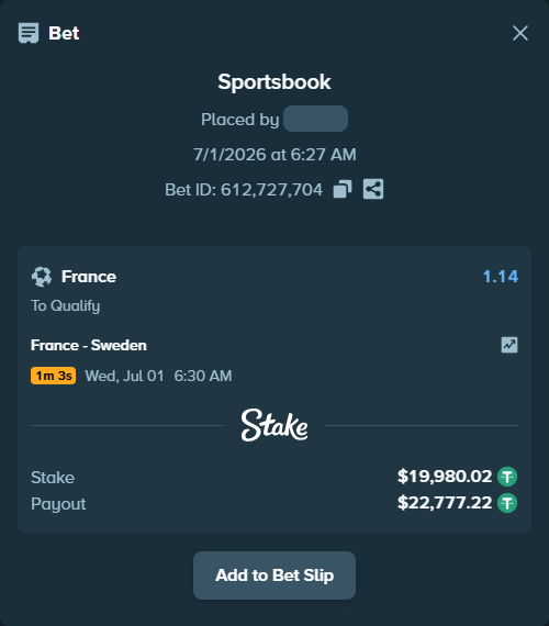 Bet slip: France - Sweden, $20,000.00 stake at 1.14 odds, placed by winers26