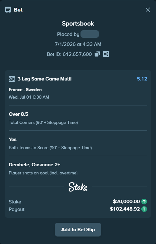 Bet slip: France - Sweden, $20,040.00 stake at 1.49 odds, placed by thesakultah