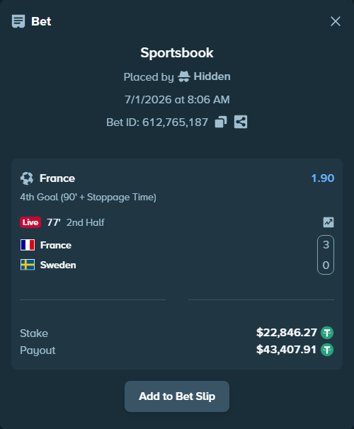 Bet slip: France - Sweden, $22,869.11 stake at 1.90 odds, placed by thesakultah