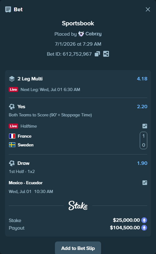 Bet slip: France - Sweden, $28,509.80 stake at 2.20 odds, placed by Cabrzy