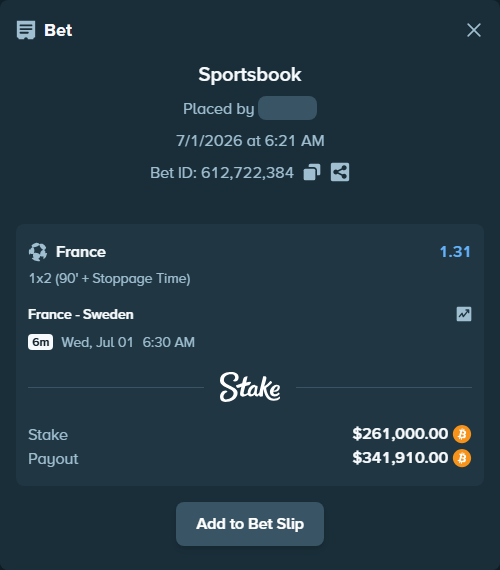 Bet slip: France - Sweden, $279,885.29 stake at 1.31 odds, placed by ArvaPandaM